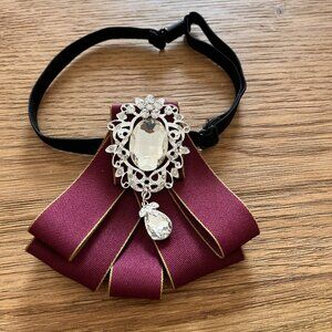 Pretied Bow Tie Lapel Pin Set Silk Handmade Large Vintage Crystal Brooch